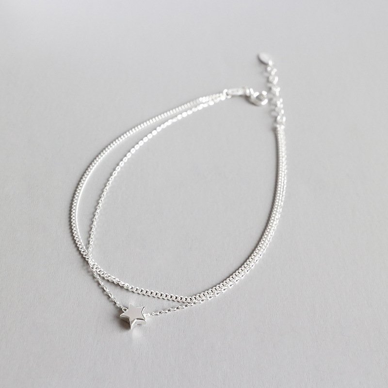 Double Layers Rolo Chain Mini Star 925 Sterling Silver Anklet