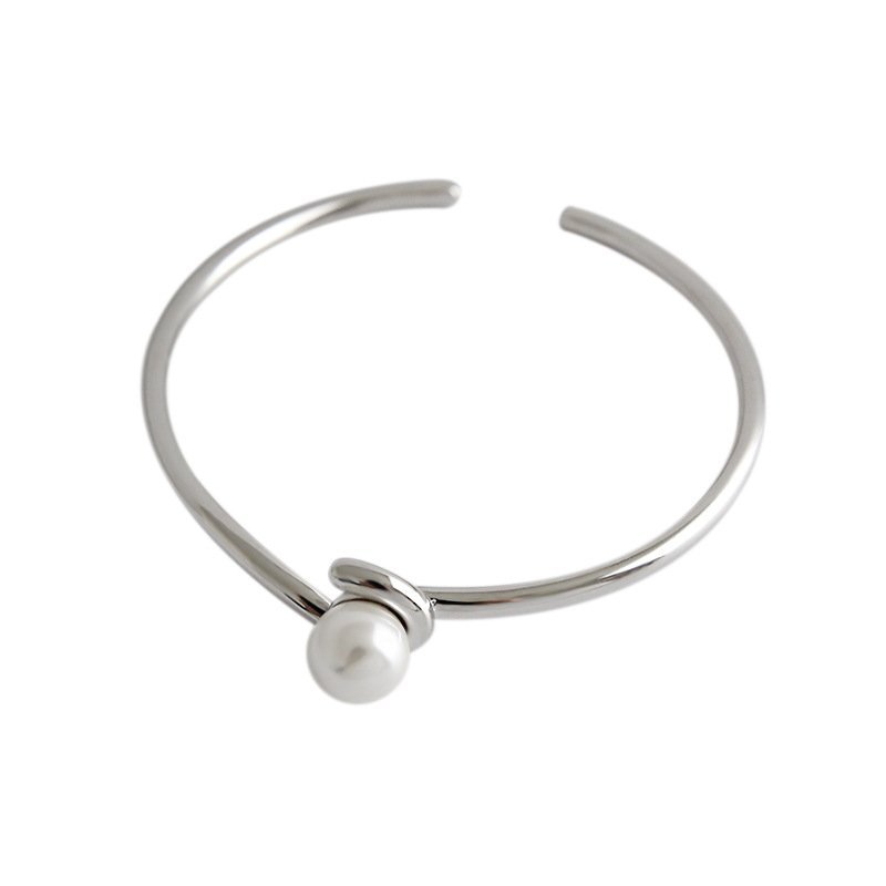 Round Shell Pearl 925 Sterling Silver Open Bangle