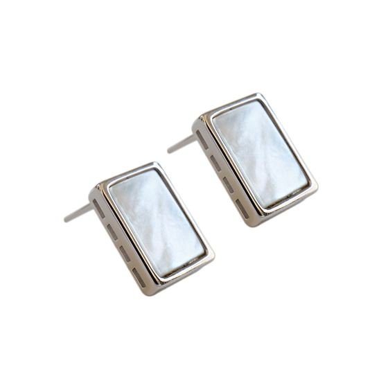 Geometric Rectangle Shell 925 Sterling Silver Stud Earrings